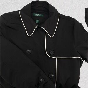 Lauren Ralph Lauren Black Trench‎ Coat White Piping Belted Women L Classic Paris